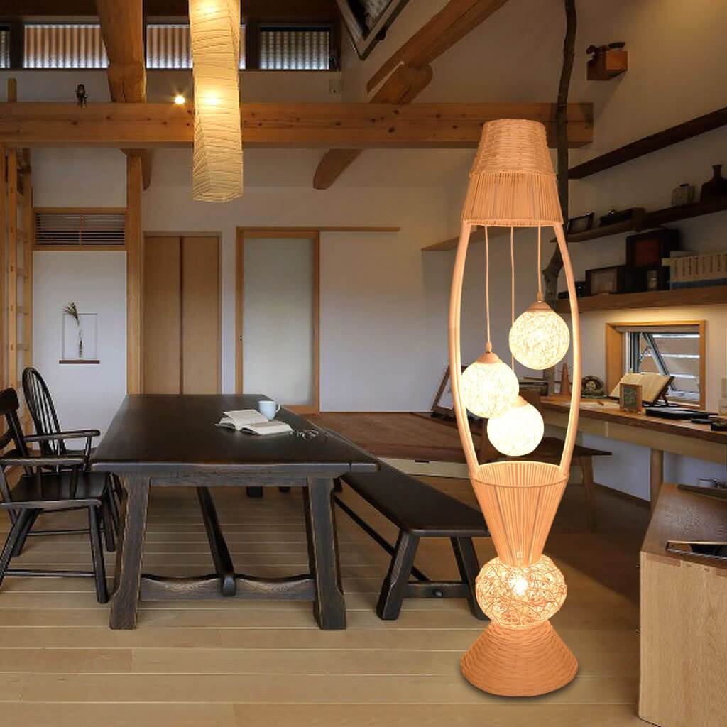 Modern Rattan Fish Shaped  4-Light with Inner Ball Shade Standing Floor Lamps