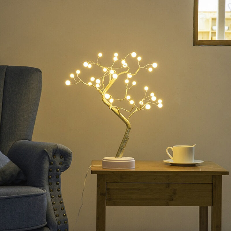 Lámpara de mesa LED contemporánea y creativa con pequeño árbol de perlas, cobre y PVC, 36 luces y control remoto para dormitorio 