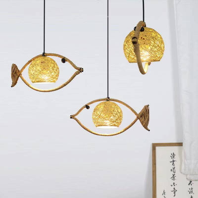 Creative Hemp Rope Willow Weaving Fish Shape 1-Light LED Pendant Light