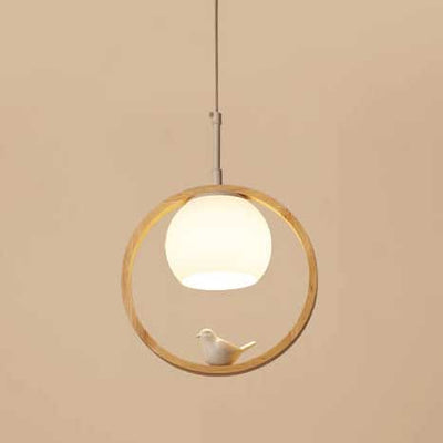 Modern Round Wood Ring 1-Light Little Bird LED Pendant Light