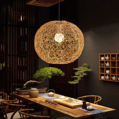 Rattan Weaving Beige Globe Shade 1-Light Pendant Light