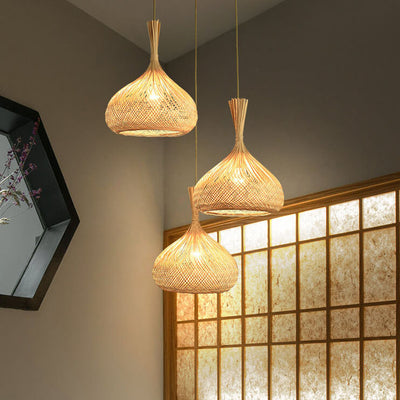 Modern Bamboo Weaving Pear Shaped 1-Light Pendant Light