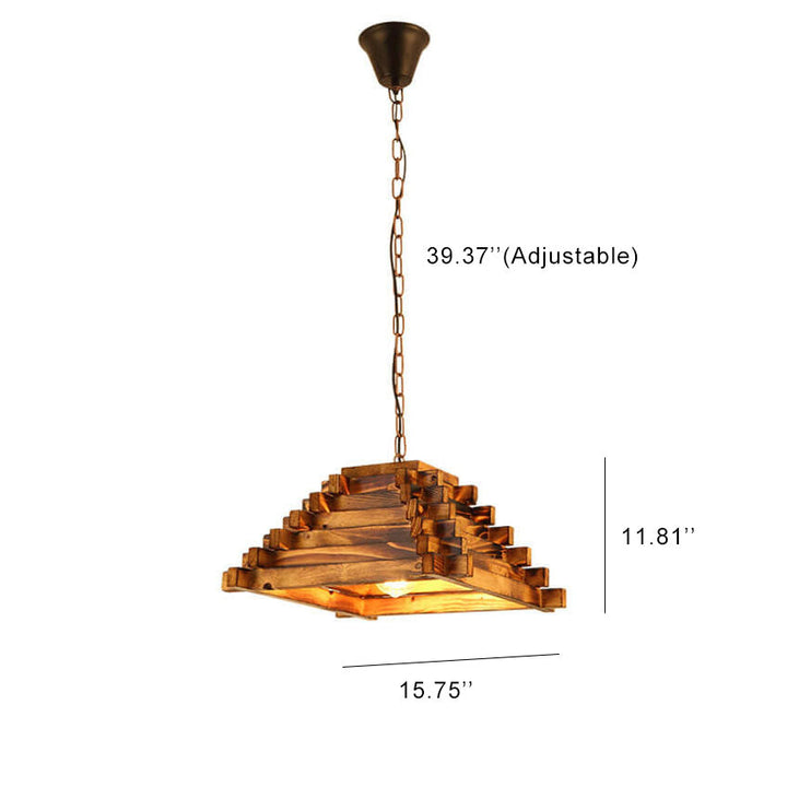 Lampe suspendue triangulaire vintage à 1 lumière en bois vieilli 