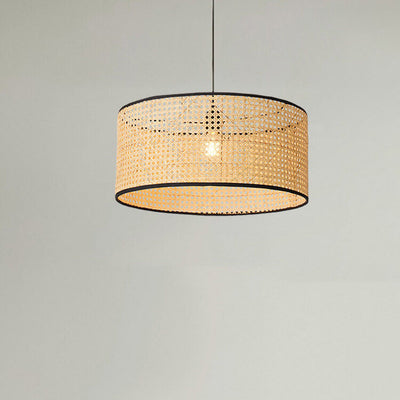 Modern Beige Bamboo Weaving 1-Light Drum-Shaped Pendant Light