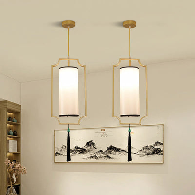 Modern Fabric Cylinder Shade Golden Frame 1-Light Pendant Light