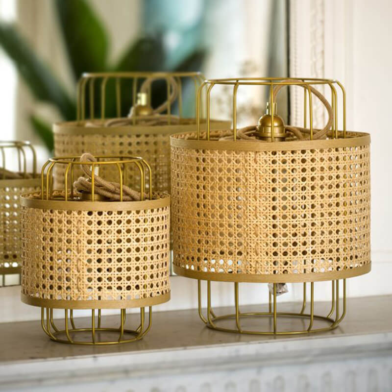 Modern Rattan Weaving 1-Light Gold Metal Cage Pendant Light