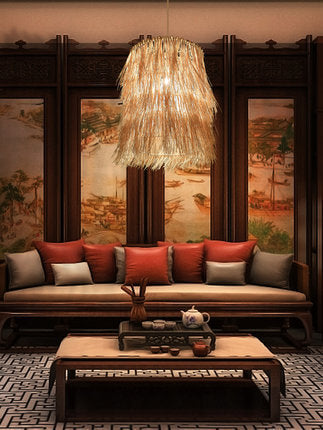 Rattan Weaving 1-Light Cylinder Tassels Pendant Light