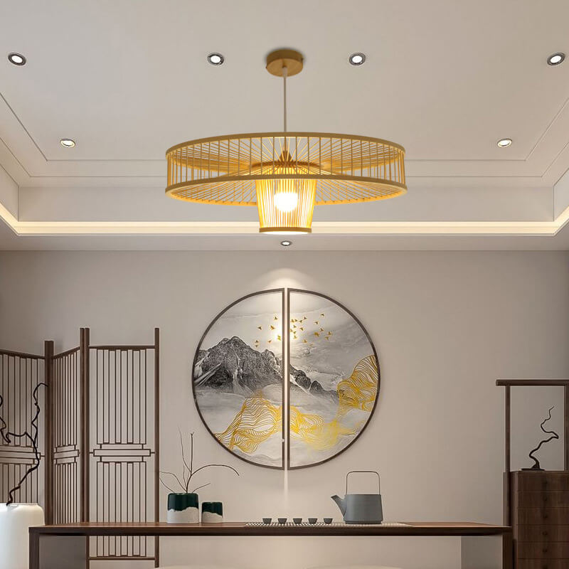 Modern Bamboo Weaving 1-Light Drum Saucer Pendant Light