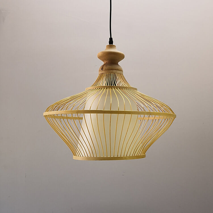 Modern Beige Bamboo Weaving Saucer 1-Light Pendant Light