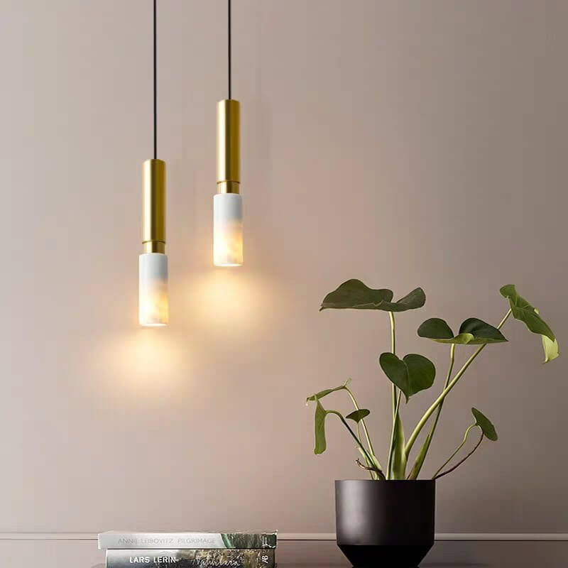 Lámpara colgante individual moderna de lujo con 1 luz, de metal con empalme de mármol cilíndrico, para sala de estar 