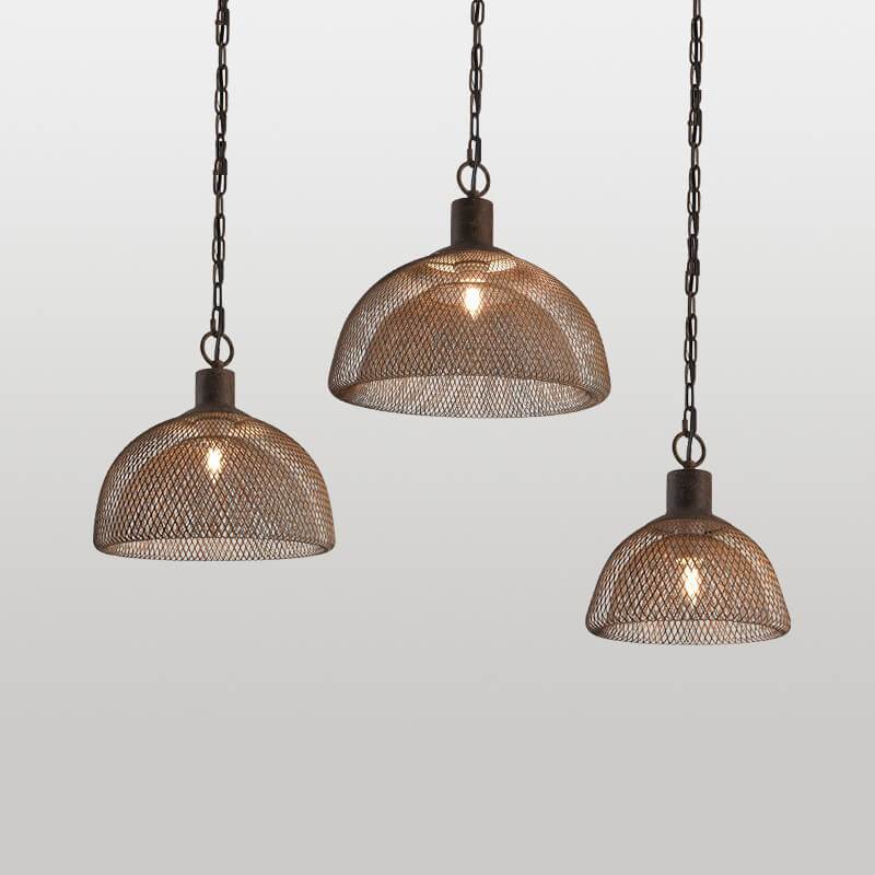 Lámpara colgante contemporánea industrial de hierro forjado con herrajes, media pantalla redonda envejecida, 1 luz, para sala de estar 