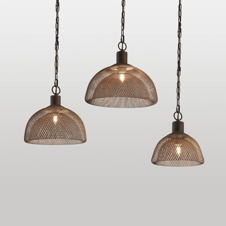 Lámpara colgante contemporánea industrial de hierro forjado con herrajes, media pantalla redonda envejecida, 1 luz, para sala de estar 