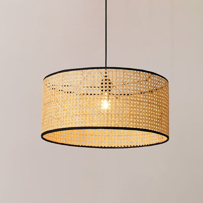 Modern Beige Bamboo Weaving 1-Light Drum-Shaped Pendant Light