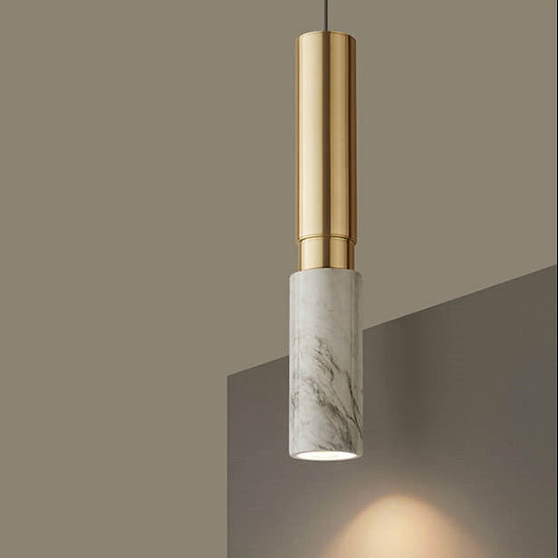 Lámpara colgante individual moderna de lujo con 1 luz, de metal con empalme de mármol cilíndrico, para sala de estar 