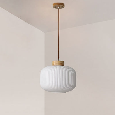 Retro White Striped Glass Jar 1-Light Japanese Pendant Light