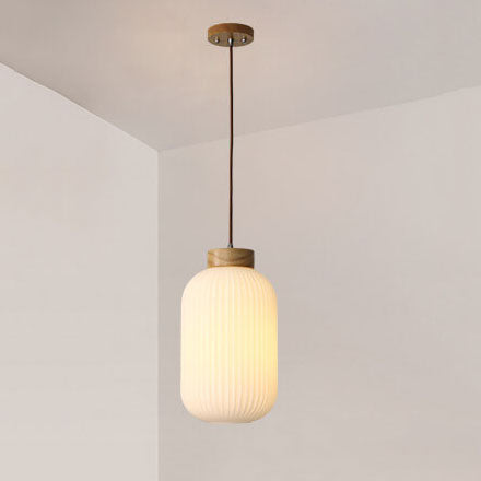 Retro White Striped Glass Jar 1-Light Japanese Pendant Light