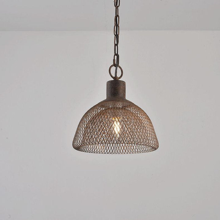 Lámpara colgante contemporánea industrial de hierro forjado con herrajes, media pantalla redonda envejecida, 1 luz, para sala de estar 