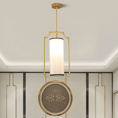 Modern Fabric Cylinder Shade Golden Frame 1-Light Pendant Light