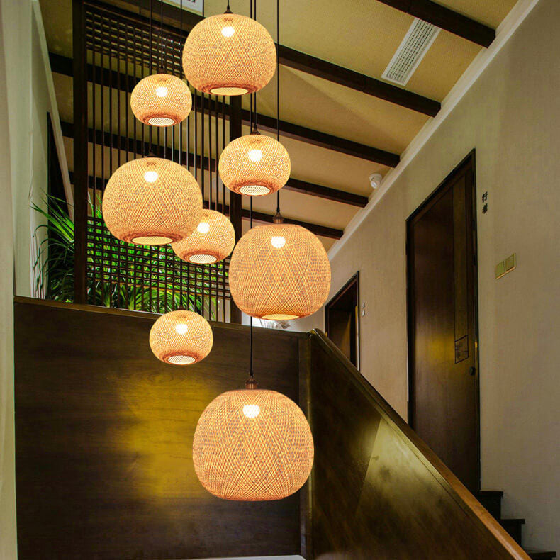 Lámpara colgante japonesa de 1 luz beige con bola redonda de tejido de bambú 