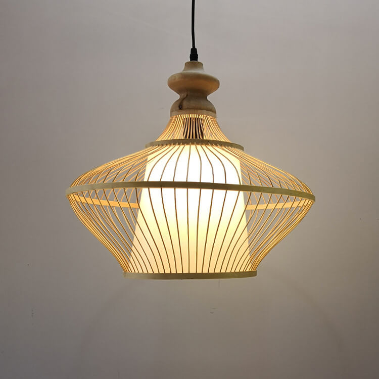 Modern Beige Bamboo Weaving Saucer 1-Light Pendant Light