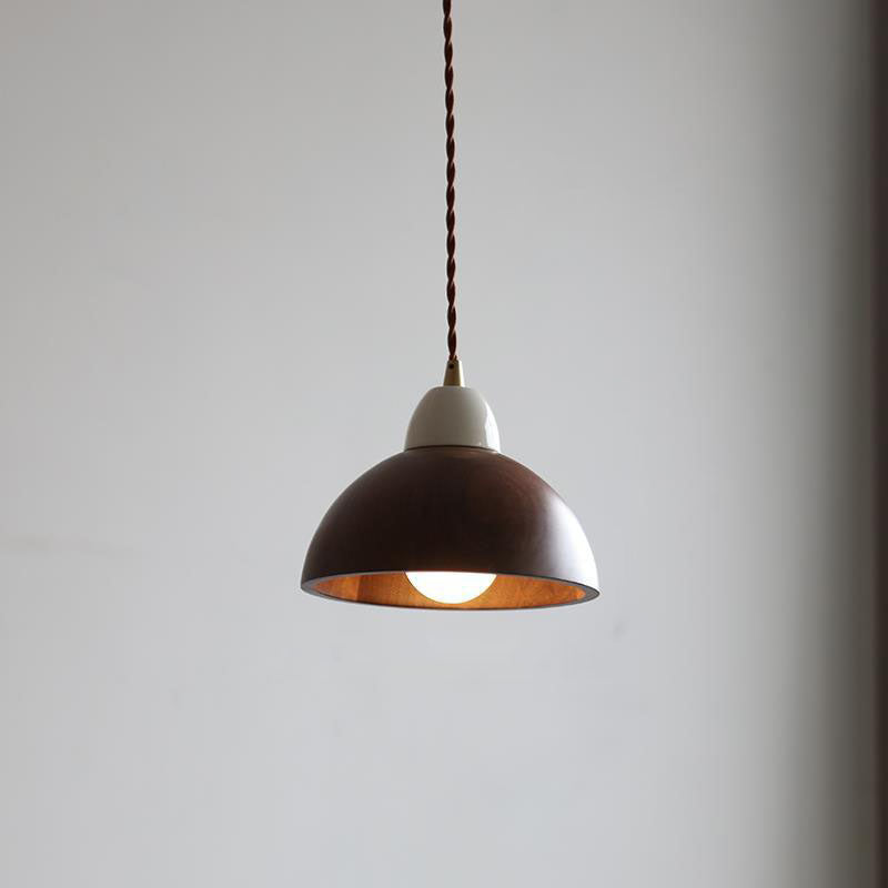 Zeitgenössische nordische 1-flammige Pendelleuchte mit Keramikschirm in Walnussoptik für Wohnzimmer &amp; Schlafzimmer 
