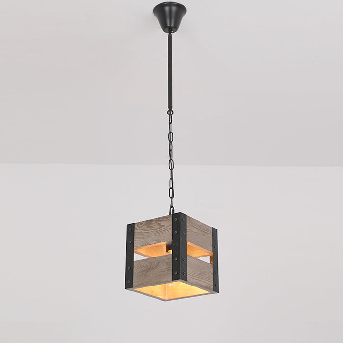 Chandelier Vintage Industriel en Bois avec Cage Carrée 1/4 Lumière 