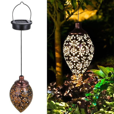 Solar Iron Outdoor Waterproof Hollow Drop Shape LED Outdoor Pendant Light