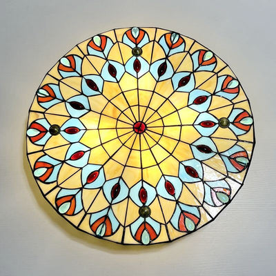 Vintage Tiffany Mediterranean Round Stained Glass 3/4/6 Light Flush Mount Ceiling Light