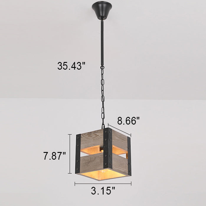 Industrieller quadratischer Vintage Holzkäfig 1/4 Kronleuchter