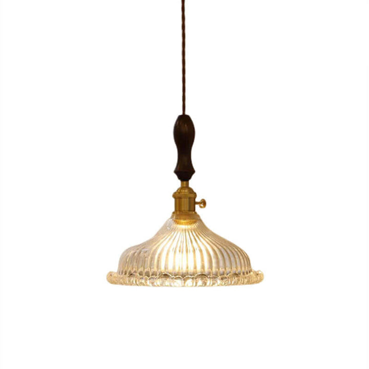 Traditionelle Vintage-Pendelleuchte mit Glas-Blumenschirm, Messing und Walnussholz, 1-flammig, für das Wohnzimmer 
