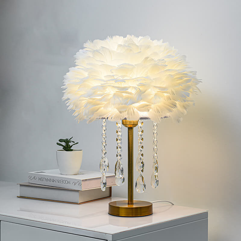 Modern Minimalist Feather Round Crystal Beads 1-Light Table Lamp For Bedroom