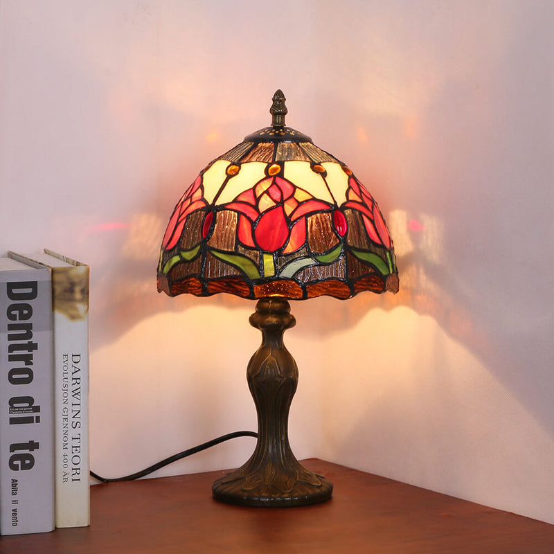 Tiffany Rustic Tulip Stained Glass Round 1-Light Table Lamp