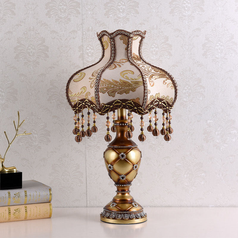 European Vintage Fabric Tassel Bead Resin 1-Light Table Lamp