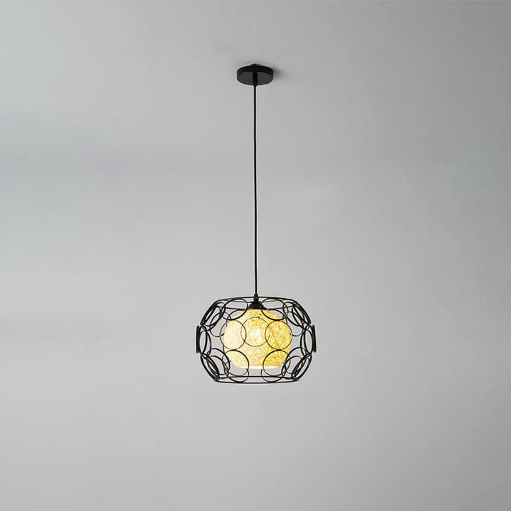 Modern Minimalist Weaving Hemp Ball Iron Drum 1-Light Pendant Light for Living Room