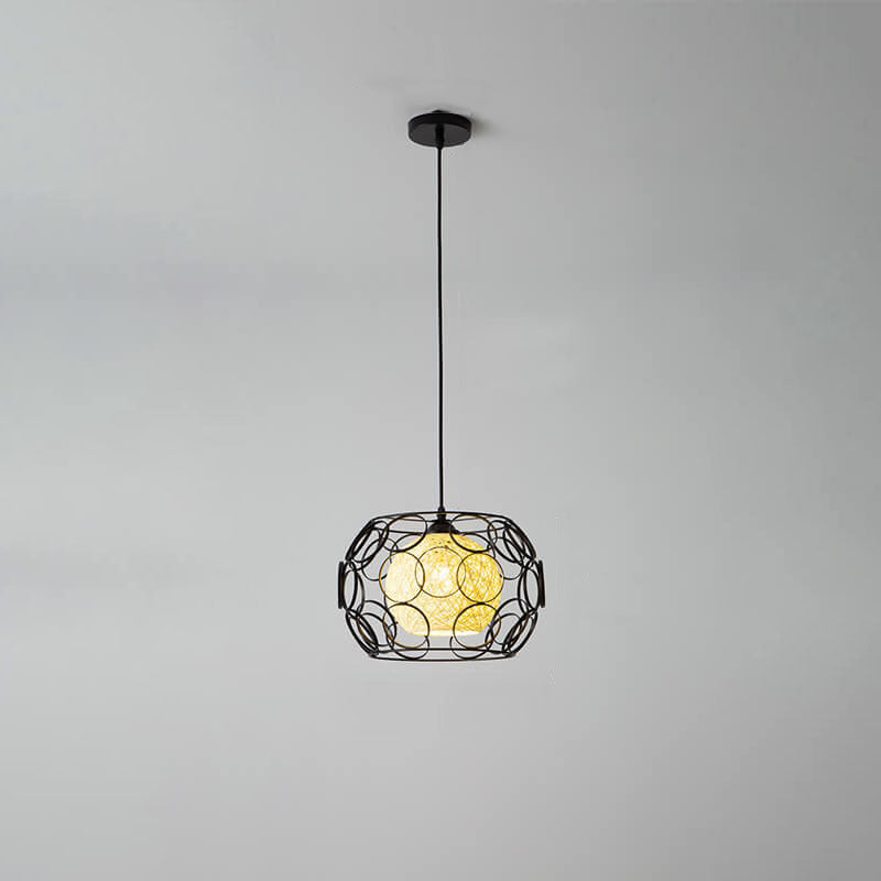 Nordic Creative Weaving Hemp Ball Iron Drum 1-Light Pendant Light