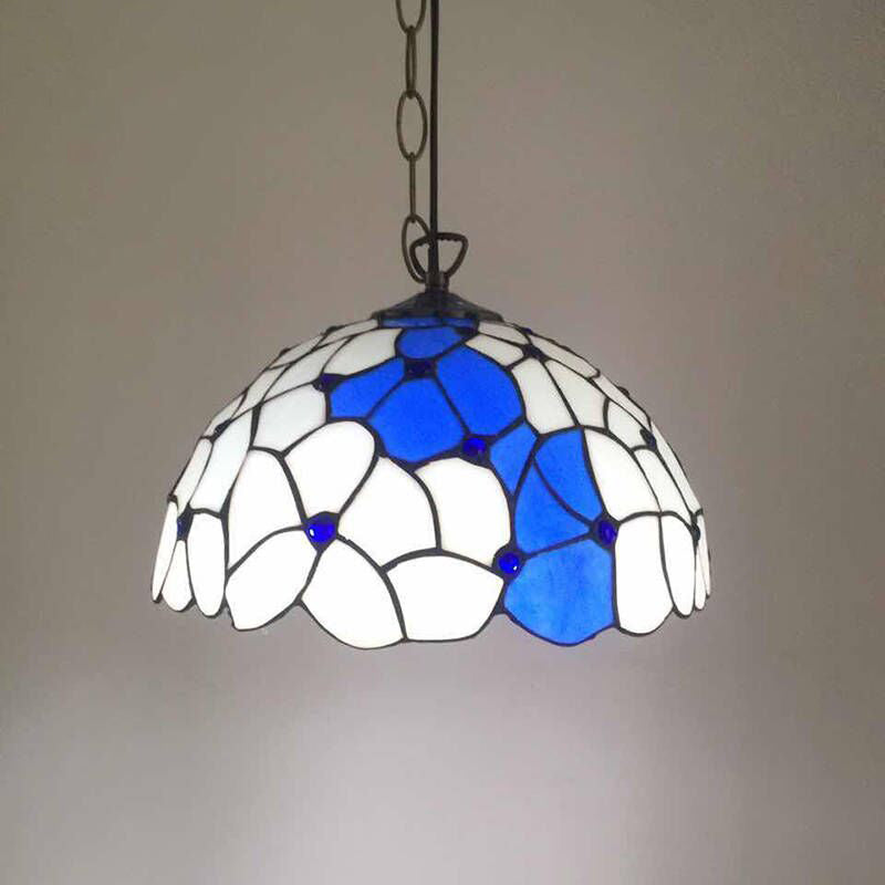 Traditional Tiffany Round Iron Stained Glass 1-Light Pendant Light For Living Room