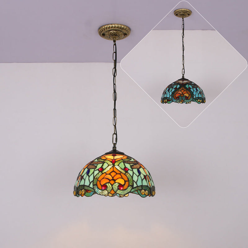 European Vintage Tiffany Stained Glass Metal 1-Light Pendant Light