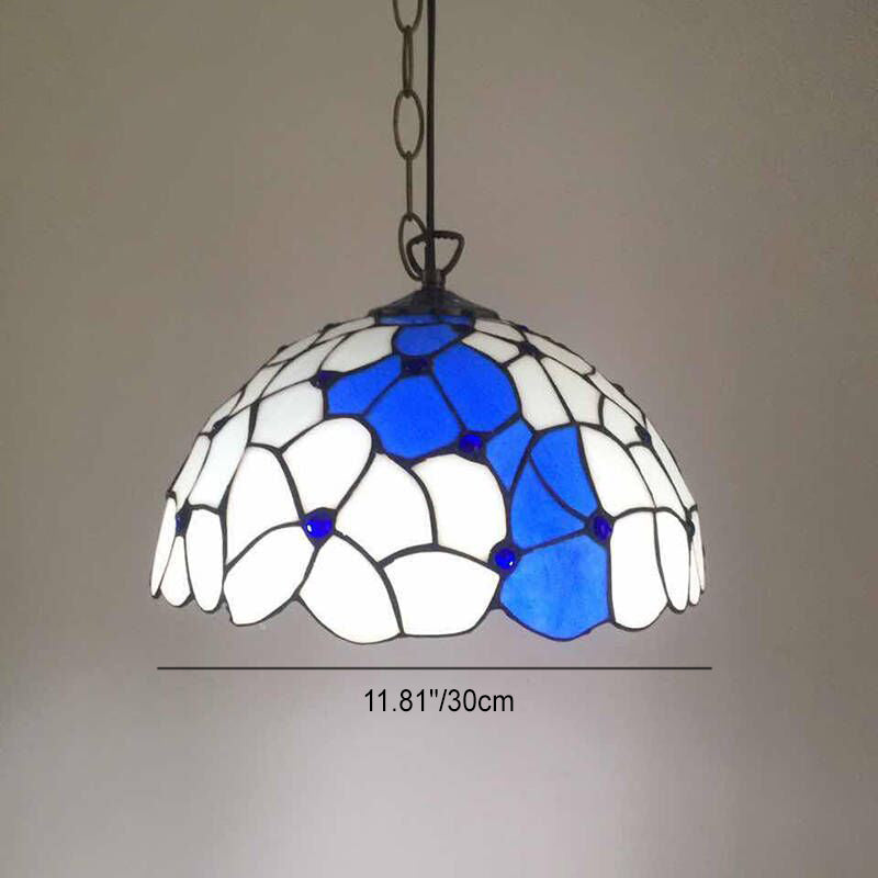 Traditional Tiffany Round Iron Stained Glass 1-Light Pendant Light For Living Room