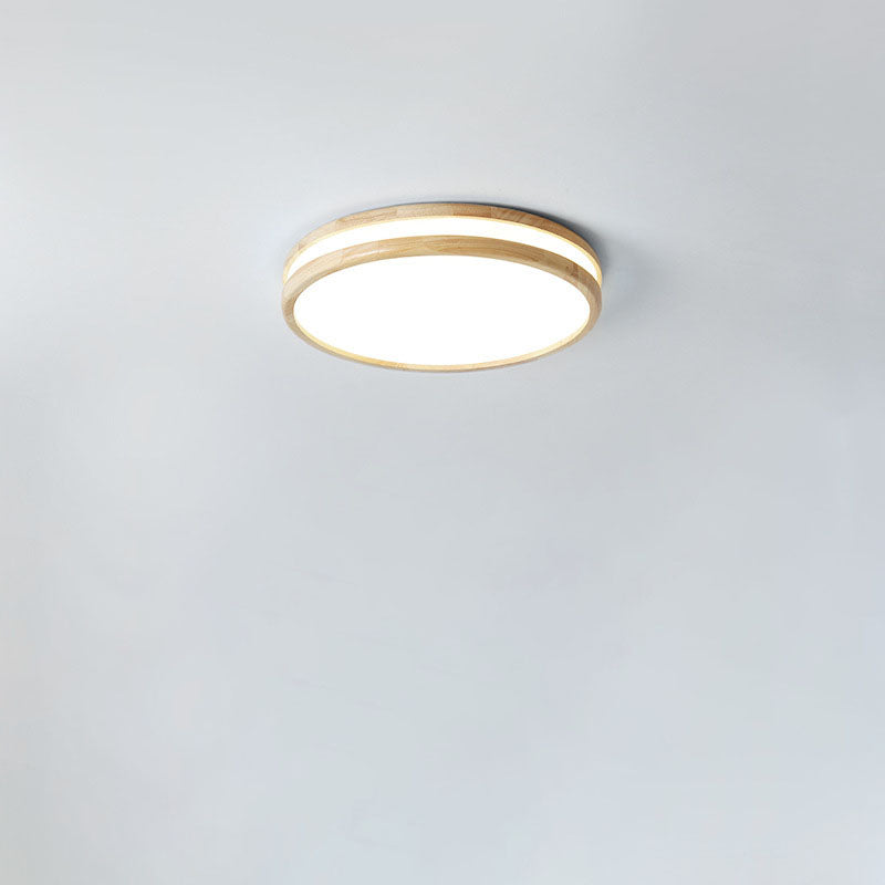 Japanese Simple Round Wooden Thin LED Flush Mount Ceiling Light