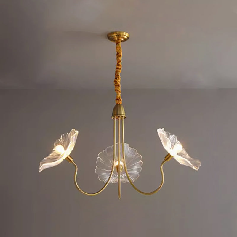 Modern Art Deco Gold Finish Frame Lotus Leaf Glass Shade 3/6-Light Chandelier For Living Room