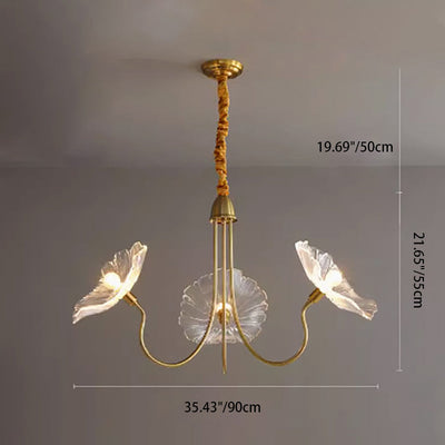 Cadre à Finition Dorée Art Déco Moderne avec Abat-jour en Verre Feuille de Lotus, Lustre 3/6 Lumières pour Salon 