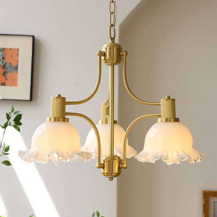 French Vintage Floral Copper Glass 3/5 Light Chandelier
