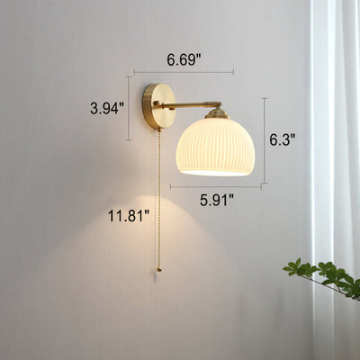 Nordic Striped Milk White Glass Brass 1-Light Pull Cord Wall Sconce Lamp