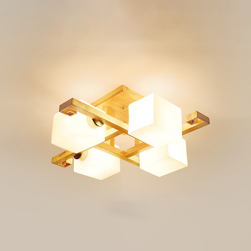 Nordic Light Luxury 4/5-Light Rubberwood Glass Flush Mount Lighting