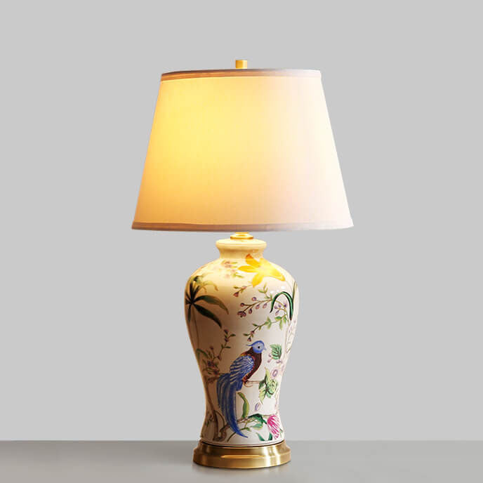 Traditional Chinese Bird &amp; Flower Painted Ceramic Base Fabric Shade 1-Light Table Lamp For Home Office