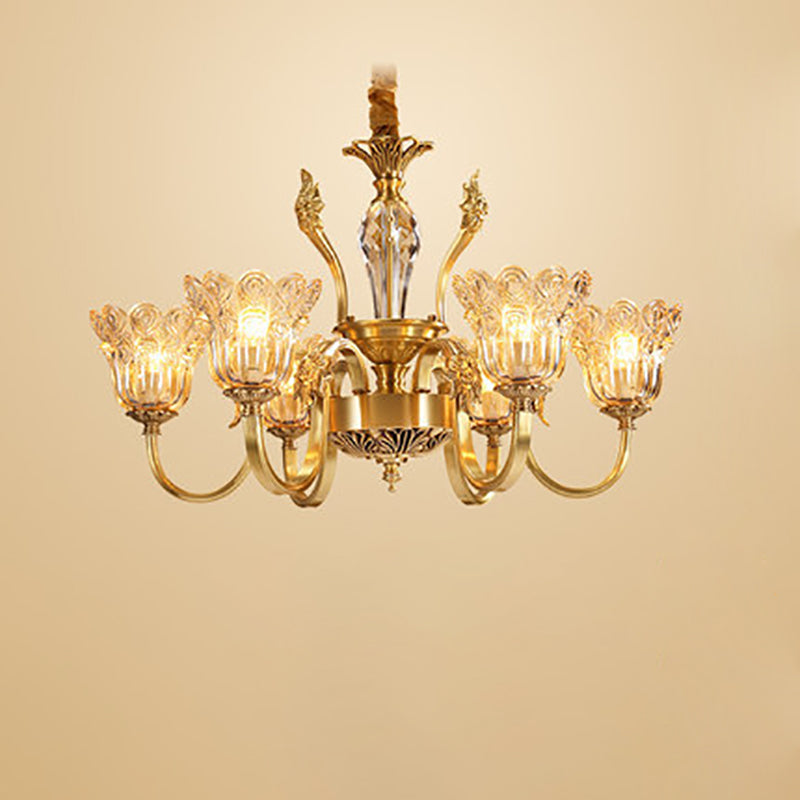 Lámpara de araña con pantalla de vidrio floral y acabado dorado tradicional francés de 6/8 luces para sala de estar 