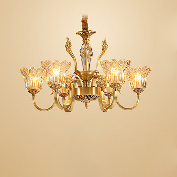 Lámpara de araña con pantalla de vidrio floral y acabado dorado tradicional francés de 6/8 luces para sala de estar 