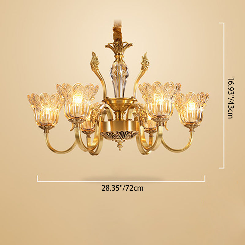 Lámpara de araña con pantalla de vidrio floral y acabado dorado tradicional francés de 6/8 luces para sala de estar 