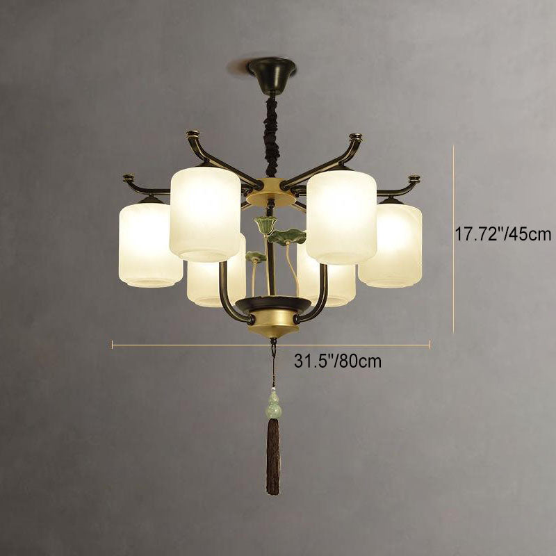 Traditioneller chinesischer Eisenrahmen Zylinder Glasschirm 6/8/10/12-Licht Kronleuchter für Wohnzimmer 