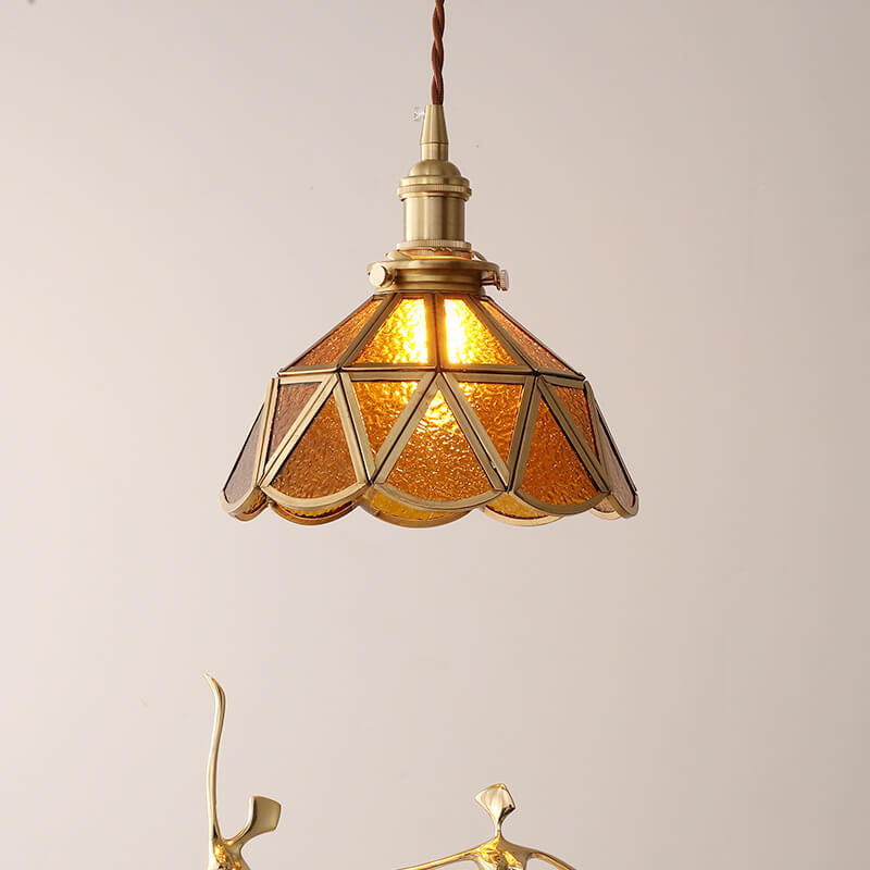 Contemporary Nordic Water Pattern Glass Copper Geometric Cone Brass 1-Light Pendant Light For Living Room